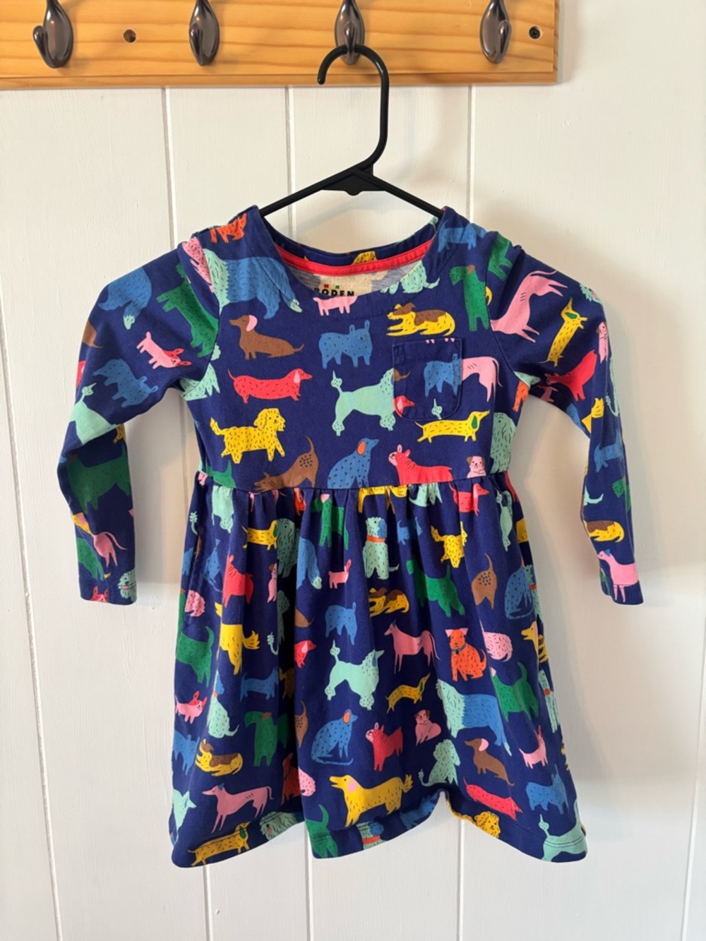 Mini Boden Navy Dog Print Long Sleeve Dress with Bright Multi-Color Dogs